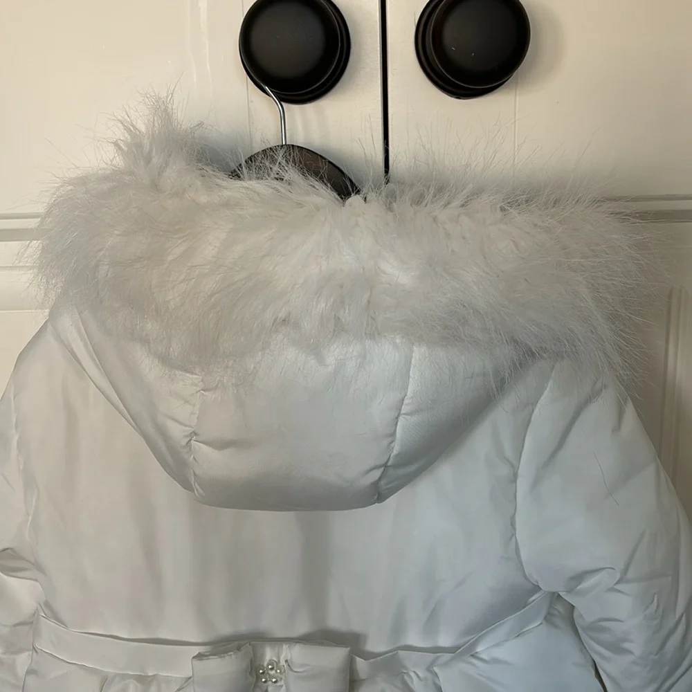 Mintini Baby Girl’s Ivory Puffer Coat with Bows and Faux Pearls